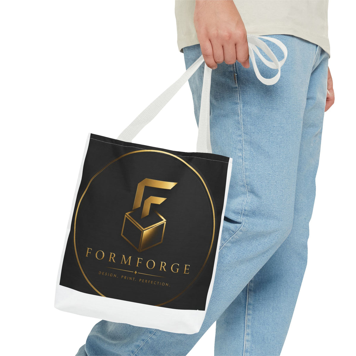 Formforge Logo Tote Bag — Luxury Black & Gold Branded All-Over Print Tote