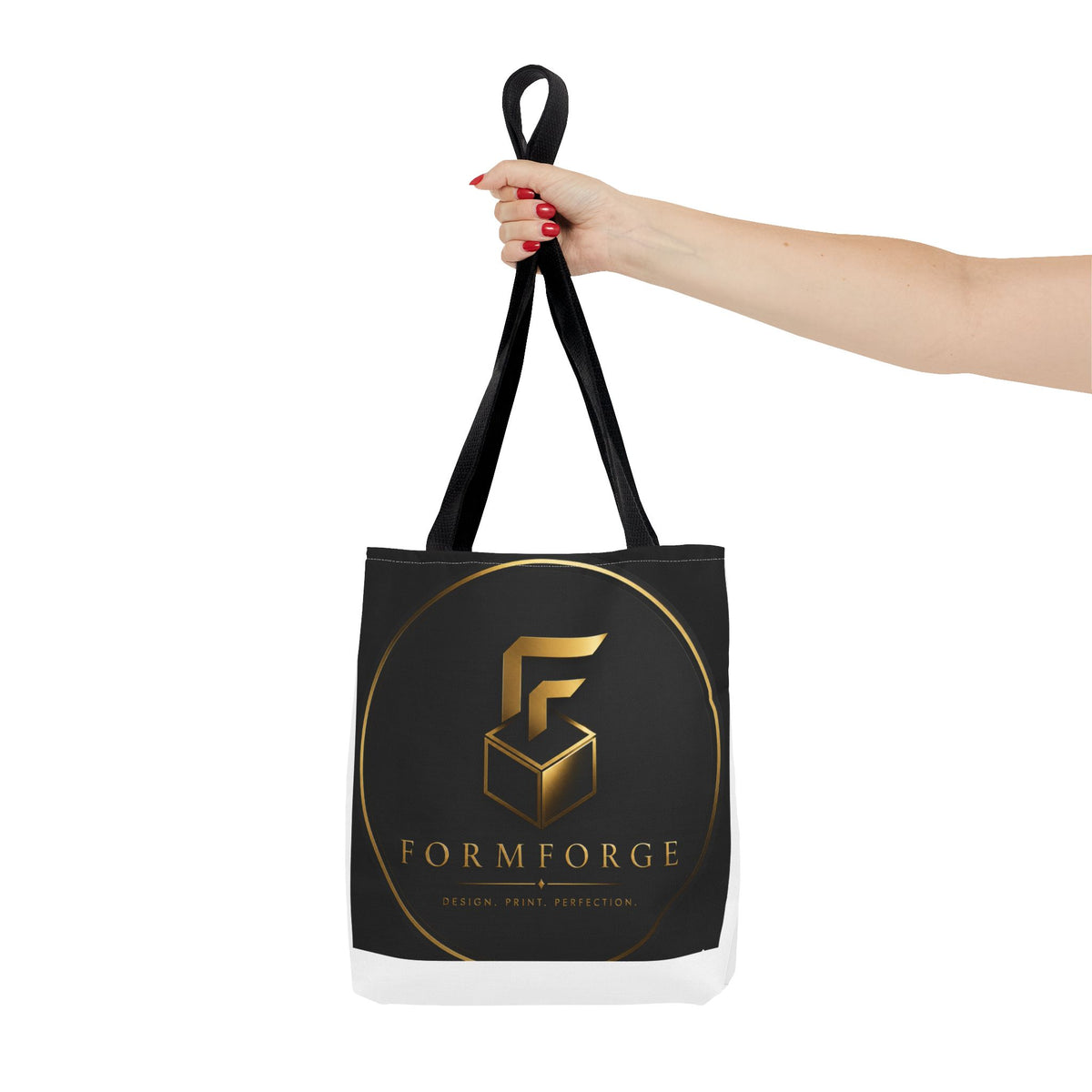 Formforge Logo Tote Bag — Luxury Black & Gold Branded All-Over Print Tote